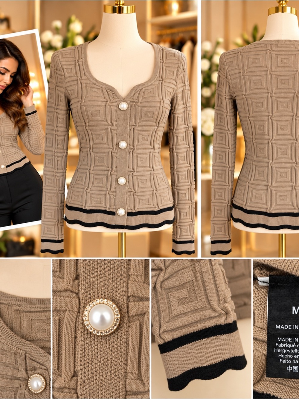 Pearl-Button Taupe Textured Cardigan Sweater - Women